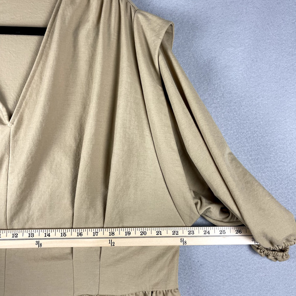 Mango Smock Mini Dress Women Large Tan V Neck Boho Relaxed Peasant Cottagagecore - Picture 8 of 14